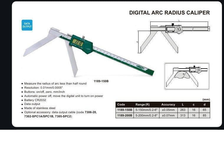 DIGITAL ARC RADIUS CALIPER - INSIZE 1189-150B 5-150mm / 0.2-6"