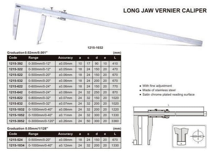 LONG JAW VERNIER CALIPER - INSIZE 1215-322 0-300mm / 0-12"