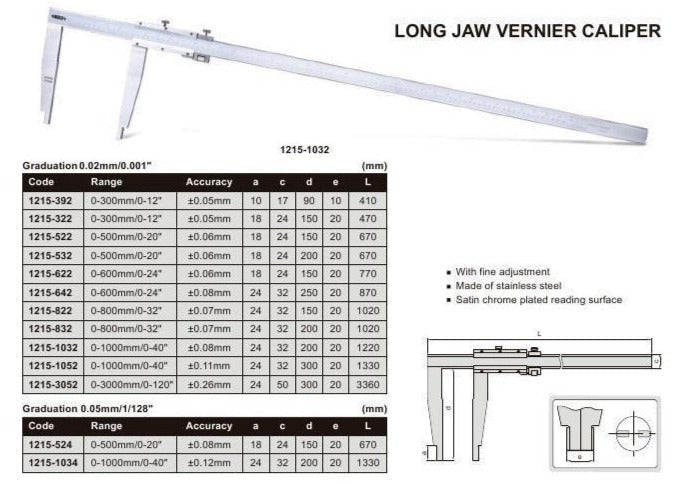 LONG JAW VERNIER CALIPER - INSIZE 1215-392 0-300mm / 0-12"