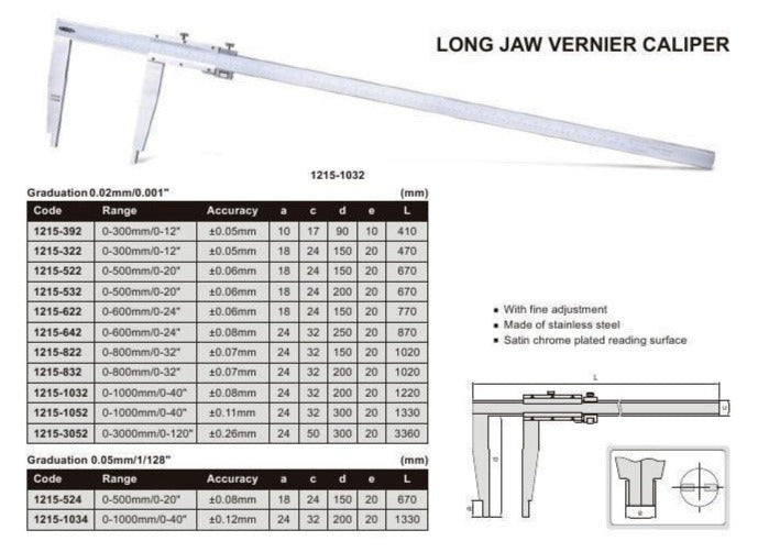 LONG JAW VERNIER CALIPER - INSIZE 1215-522 0-500mm / 0-20"