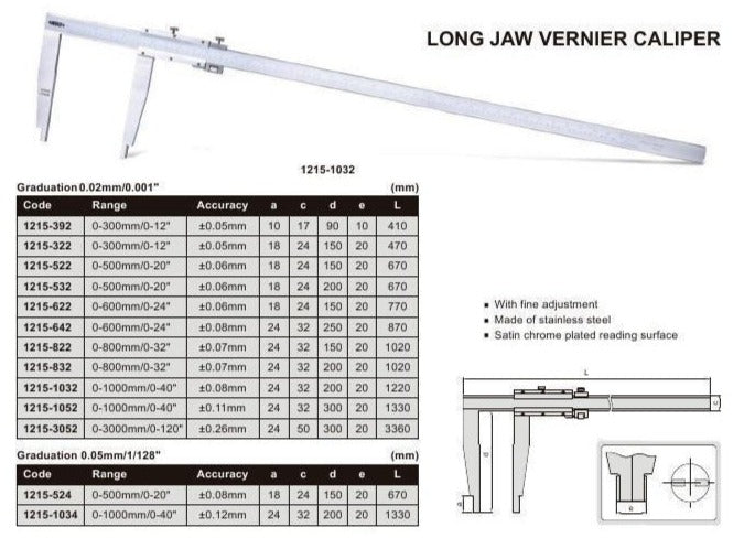 LONG JAW VERNIER CALIPER - INSIZE 1215-532 0-500mm / 0-20"