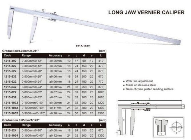 LONG JAW VERNIER CALIPER - INSIZE 1215-622 0-600mm / 0-24"