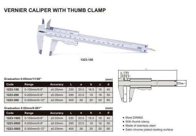 VERNIER CALIPER | 0 - 200mm / 0 - 8" x 0.02mm / 0.001" | INSIZE 1223-2002