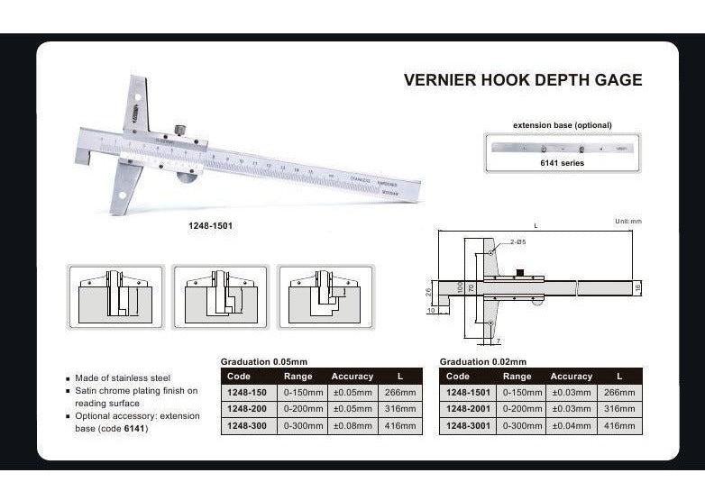 VERNIER HOOK DEPTH GAUGE - INSIZE 1248-150 0-150mm