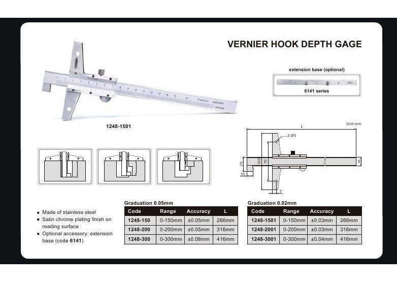 VERNIER HOOK DEPTH GAUGE - INSIZE 1248-200 0-200mm