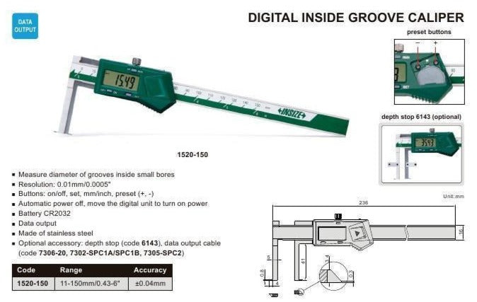 DIGITAL INSIDE GROOVE CALIPER | 11 - 150mm x 0.01mm | INSIZE 1520-150