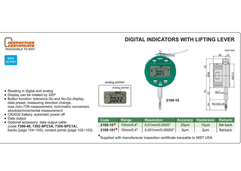 DIGITAL INDICATOR - INSIZE 2109-10 10mm / 0.4"