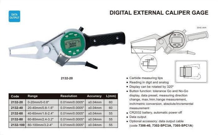 DIGITAL EXTERNAL CALIPER GAUGE - INSIZE 2132-40 20-40mm / 0.8-1.6"