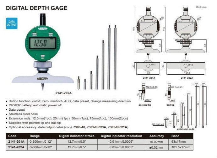 DIGITAL DEPTH GAUGE - INSIZE 2141-202A 0-300mm / 0-12" (Long Base Style)