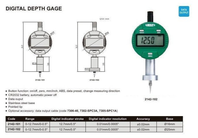 DIGITAL MINI SHORT BASE DEPTH GAUGE - INSIZE 2142-101 0-12.7mm / 0-0.5"