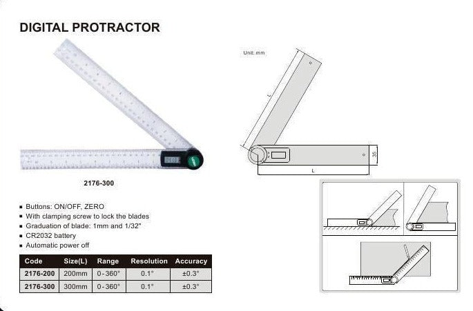 DIGITAL PROTRACTOR - INSIZE 2176-300 (Blade: 300mm)