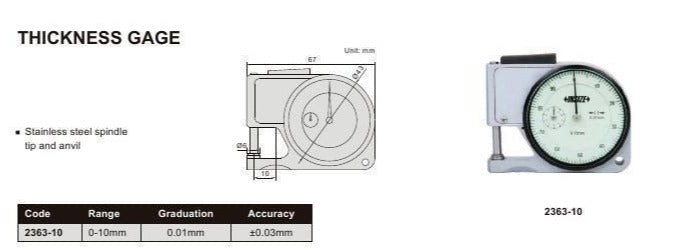 THICKNESS GAUGE | 0 -10mm x 0.01mm | INSIZE 2363-10