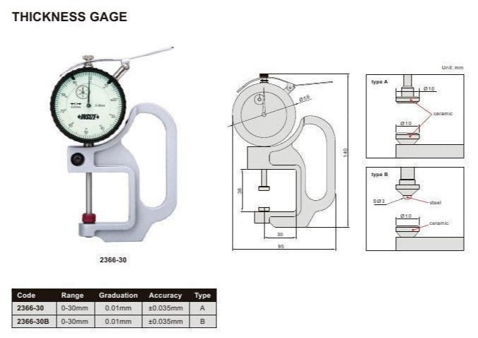 THICKNESS GAUGE | 0 - 30mm x 0.01mm | INSIZE 2366-30