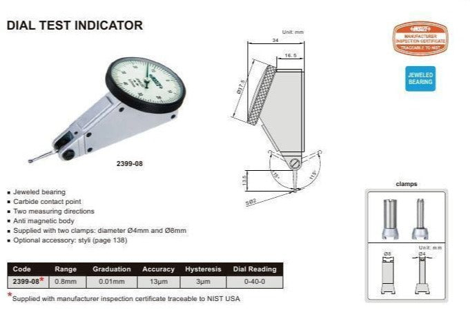 DIAL TEST INDICATOR | 0.8mm x 0.01mm | INSIZE 2399-08