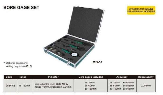 BORE GAUGE SET | 18 - 160mm x 0.01mm | INSIZE 2824-S3