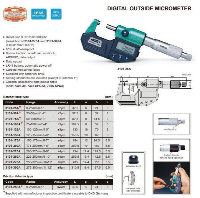 DIGITAL OUTSIDE MICROMETER - INSIZE 3101-25A 0-25mm / 0-1"