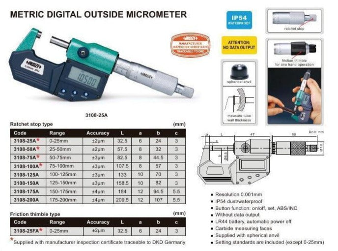 DIGITAL OUTSIDE MICROMETER - INSIZE 3108-25A 0-25mm / 0-1"