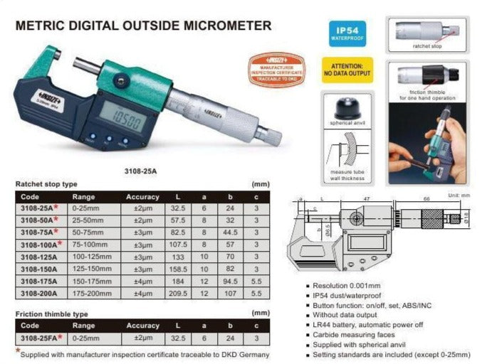 DIGITAL OUTSIDE MICROMETER - INSIZE 3108-50A 25-50mm / 1"-2"