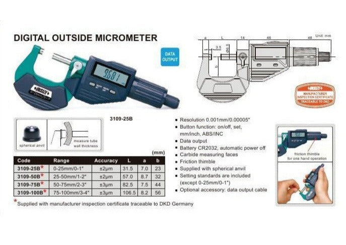 DIGITAL OUTSIDE MICROMETER - Insize 3109-100A 75-100mm / 3-4"