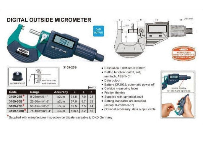 DIGITAL OUTSIDE MICROMETER - Insize 3109-25A 0-25mm / 0-1"