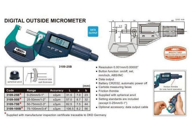 DIGITAL OUTSIDE MICROMETER - Insize 3109-50A 25-50mm / 1-2"