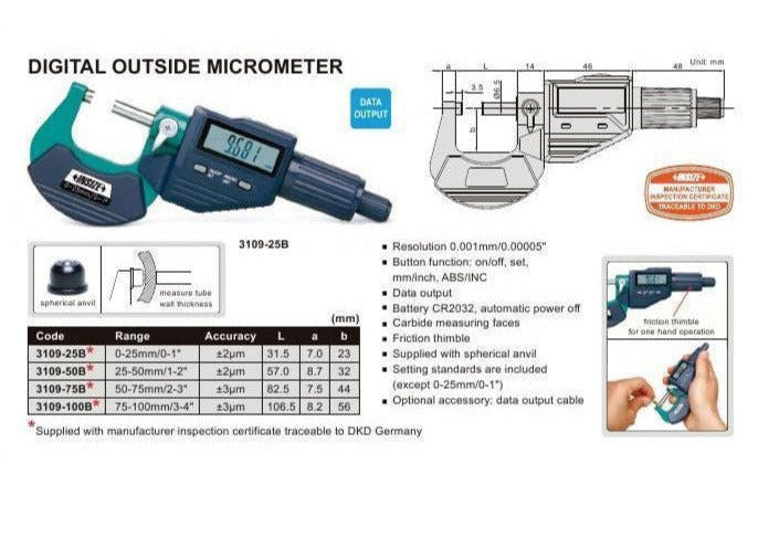 DIGITAL OUTSIDE MICROMETER - Insize 3109-75A 50-75mm  / 2-3"