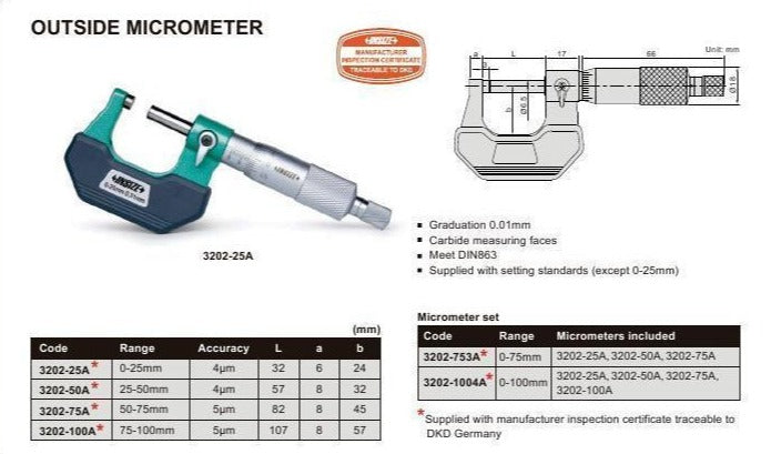 OUTSIDE MICROMETER - Insize 3202-50A 25-50mm