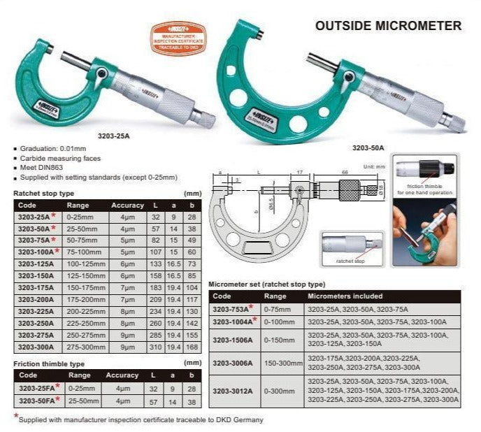 OUTSIDE MICROMETER - Insize 3203-25A 0-25mm