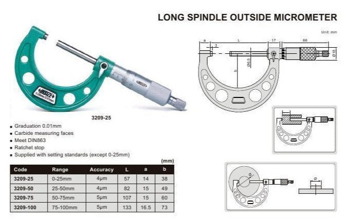 LONG SPINDLE OUTSIDE MICROMETER - Insize 3209-100 75-100mm