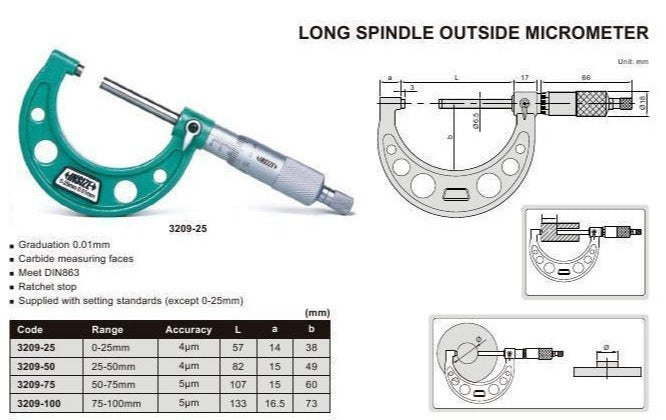 LONG SPINDLE OUTSIDE MICROMETER - Insize 3209-25 0-25mm