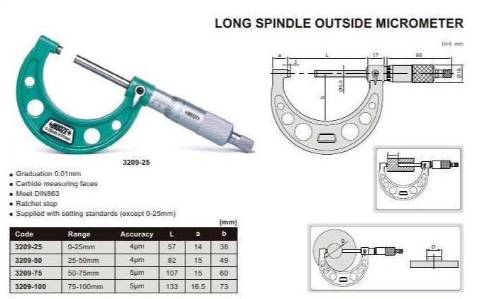 LONG SPINDLE OUTSIDE MICROMETER - Insize 3209-50 25-50mm