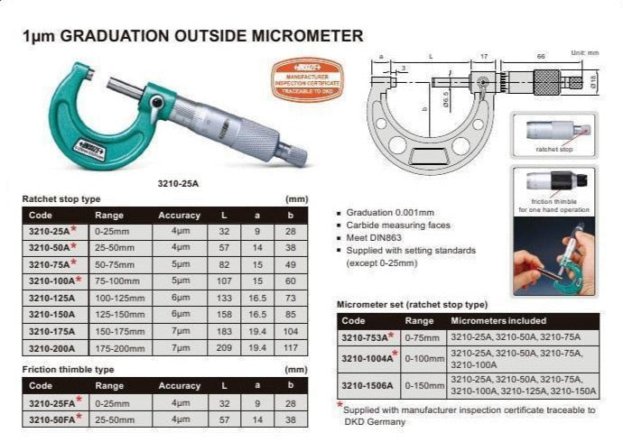 OUTSIDE MICROMETER - Insize 3210-75A 50-75mm