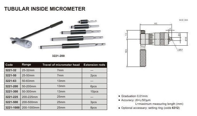 TUBULAR INSIDE MICROMETER - Insize 3221-300 50-300mm