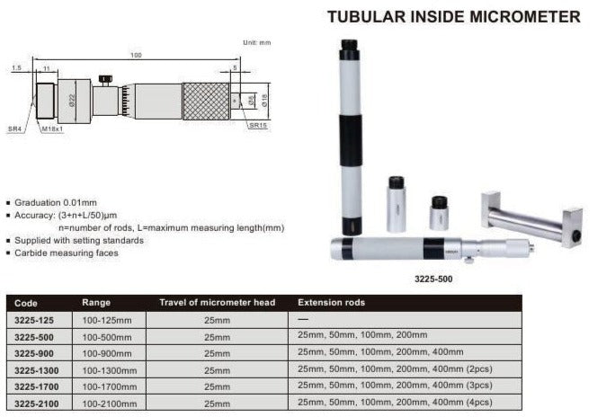 TUBULAR INSIDE MICROMETER - Insize 3225-1300 100-1300mm