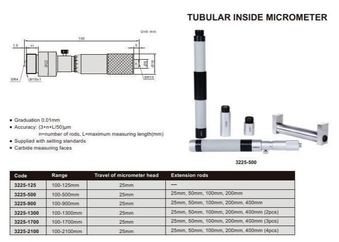 TUBULAR INSIDE MICROMETER - Insize 3225-1700 100-1700mm