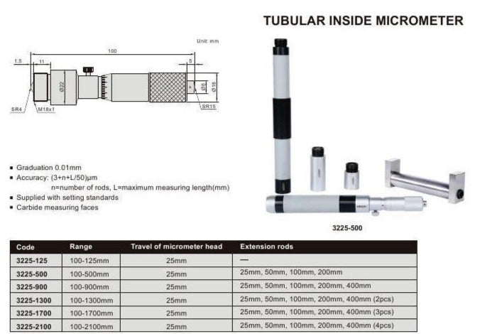 TUBULAR INSIDE MICROMETER - Insize 3225-500 100-500mm