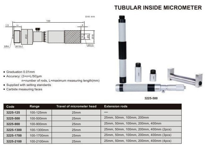 TUBULAR INSIDE MICROMETER - Insize 3225-900 100-900mm