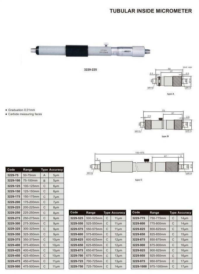 TUBULAR INSIDE MICROMETER - INSIZE 3229-10 9-10"