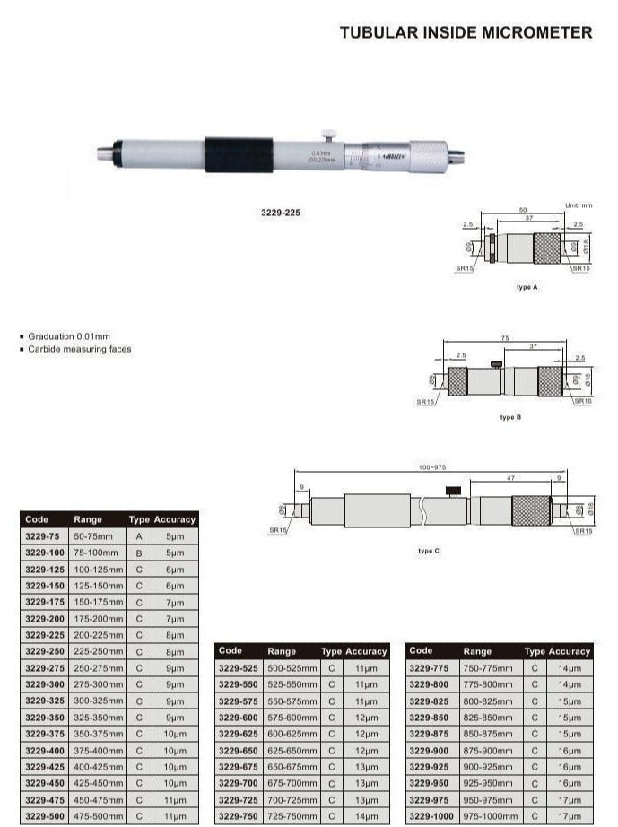 TUBULAR INSIDE MICROMETER - INSIZE 3229-100 75-100mm