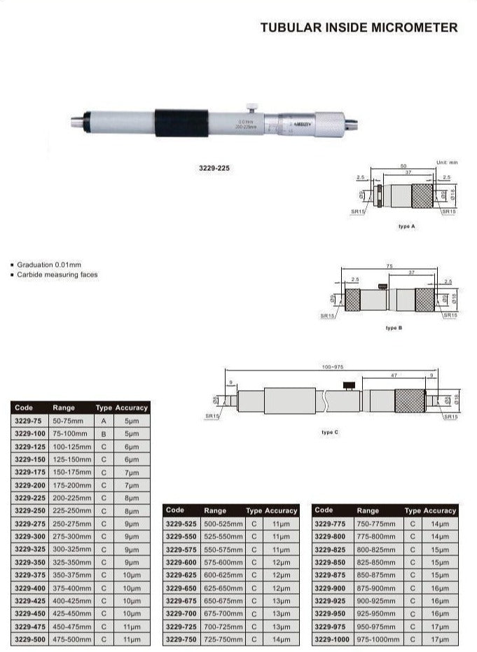 TUBULAR INSIDE MICROMETER - INSIZE 3229-125 100-125mm