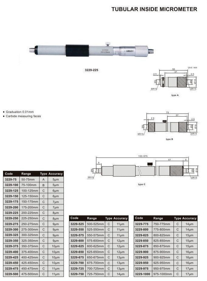 TUBULAR INSIDE MICROMETER - INSIZE 3229-150 125-150mm