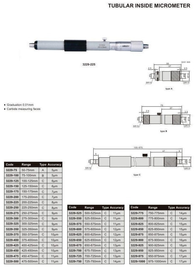 TUBULAR INSIDE MICROMETER - INSIZE 3229-175 150-175mm