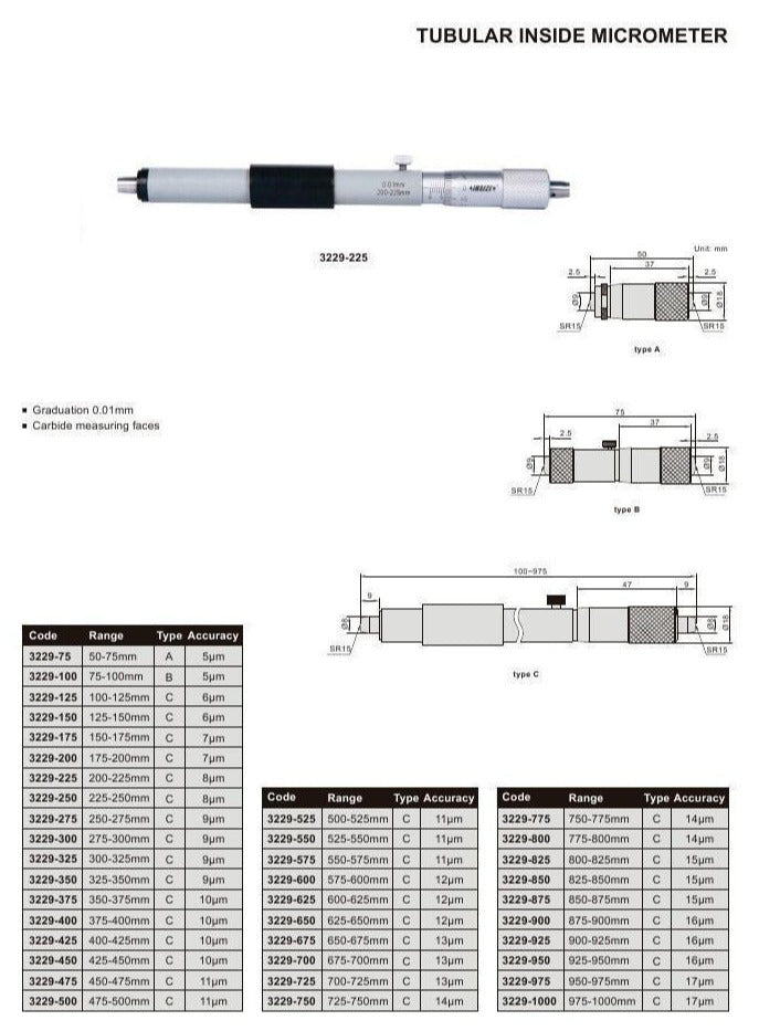 TUBULAR INSIDE MICROMETER - Insize 3229-200 175-200mm