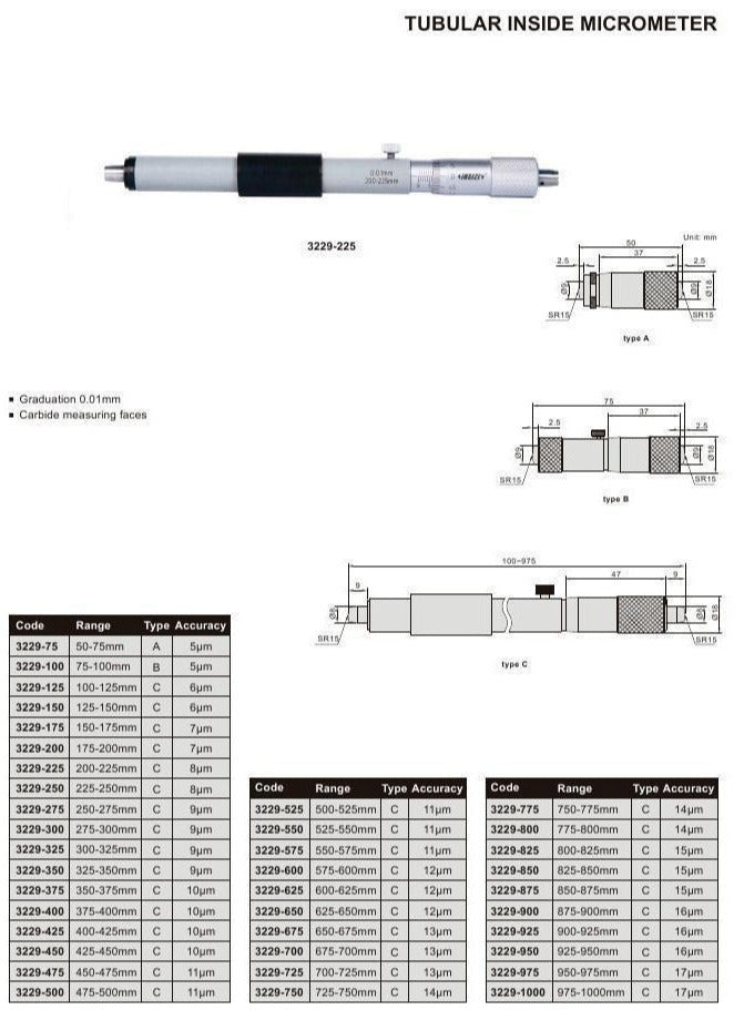 TUBULAR INSIDE MICROMETER - INSIZE 3229-225 200-225mm