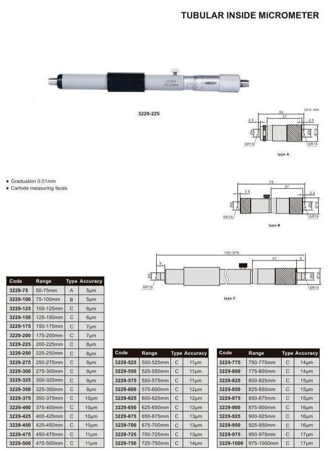 TUBULAR INSIDE MICROMETER - INSIZE 3229-250 225-250mm