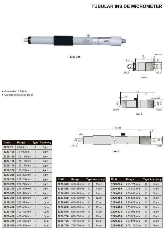 TUBULAR INSIDE MICROMETER - INSIZE 3229-3 2-3"