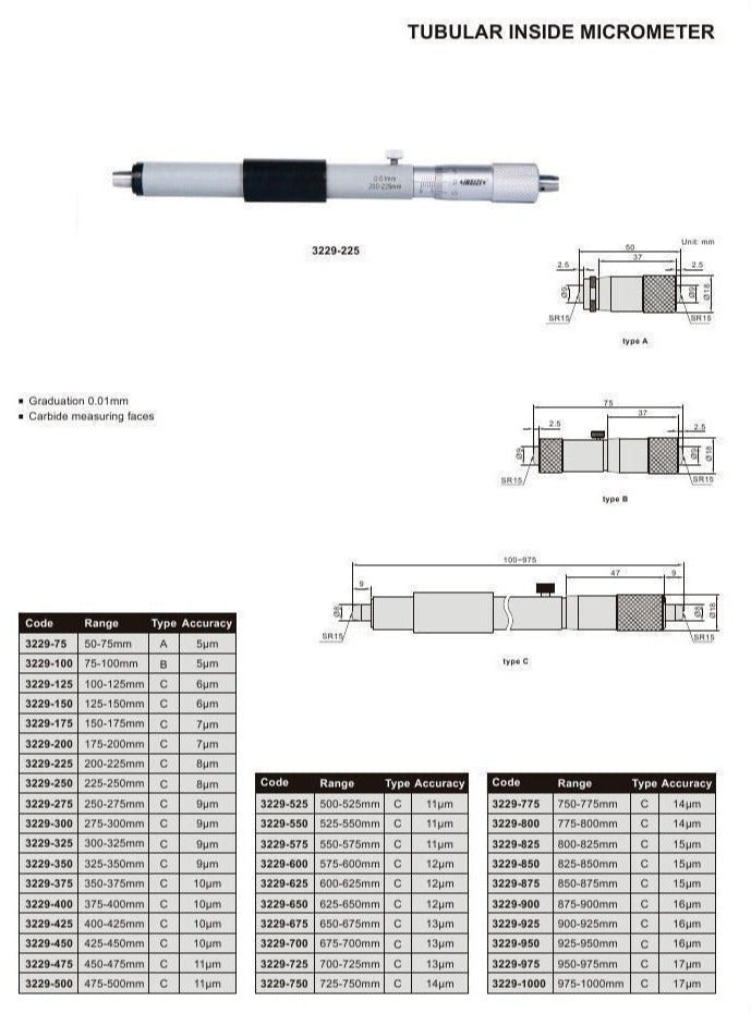 TUBULAR INSIDE MICROMETER - INSIZE 3229-8 7-8"