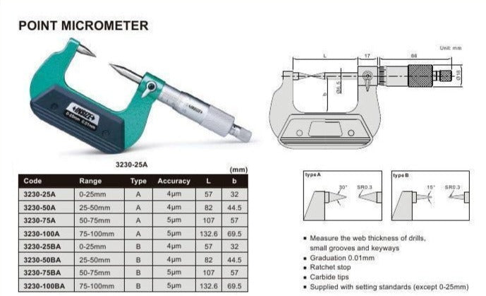 POINT MICROMETER | 25 - 50mm x 0.01mm | INSIZE 3230-50BA