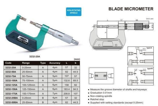 BLADE MICROMETER | 0 - 1" x 0.0001" | INSIZE 3232-1