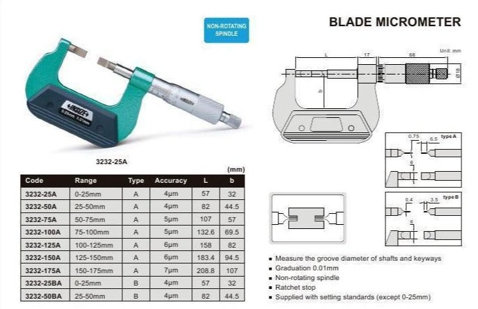 BLADE MICROMETER | 50 - 75mm x 0.01mm | INSIZE 3232-75A